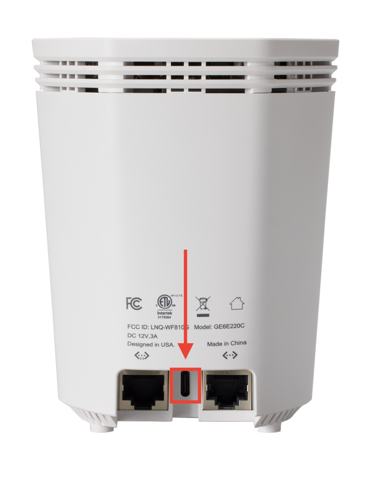 Back of the GFiber Wi-Fi 6 Mesh Extender (Model GE6E220C) with USB power port highlighted