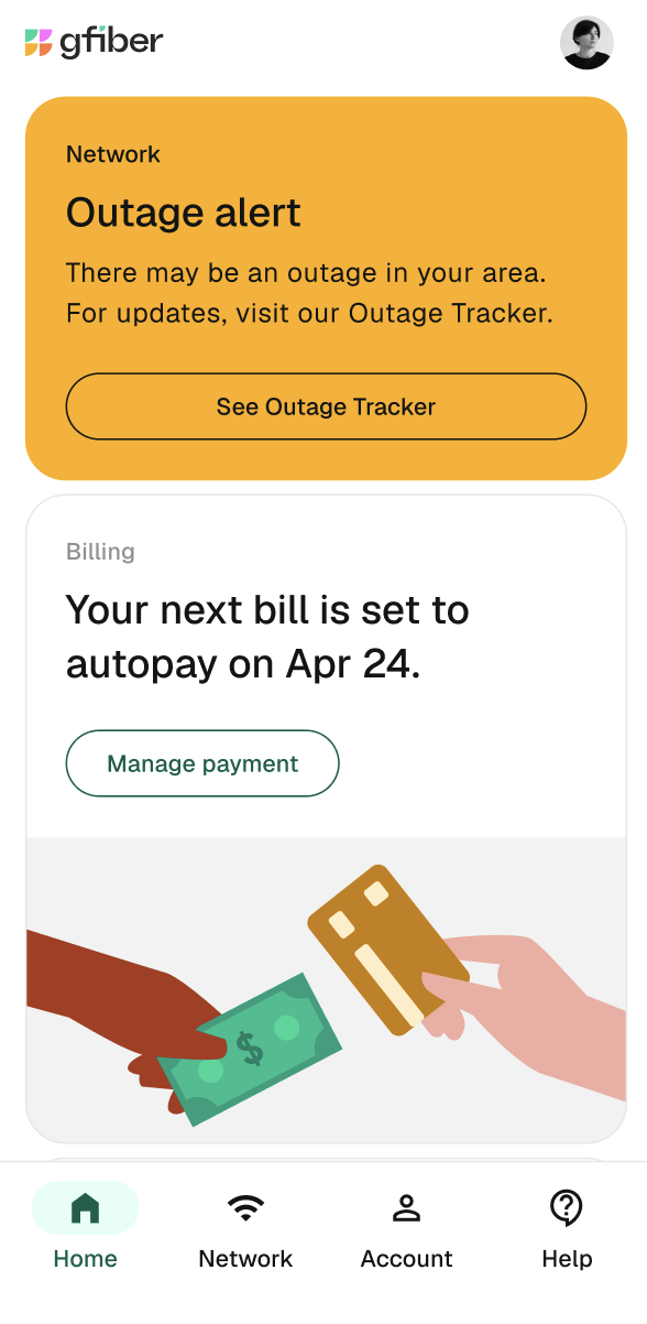 Pantalla de alerta de interrupción de servicio en la aplicación gFiber