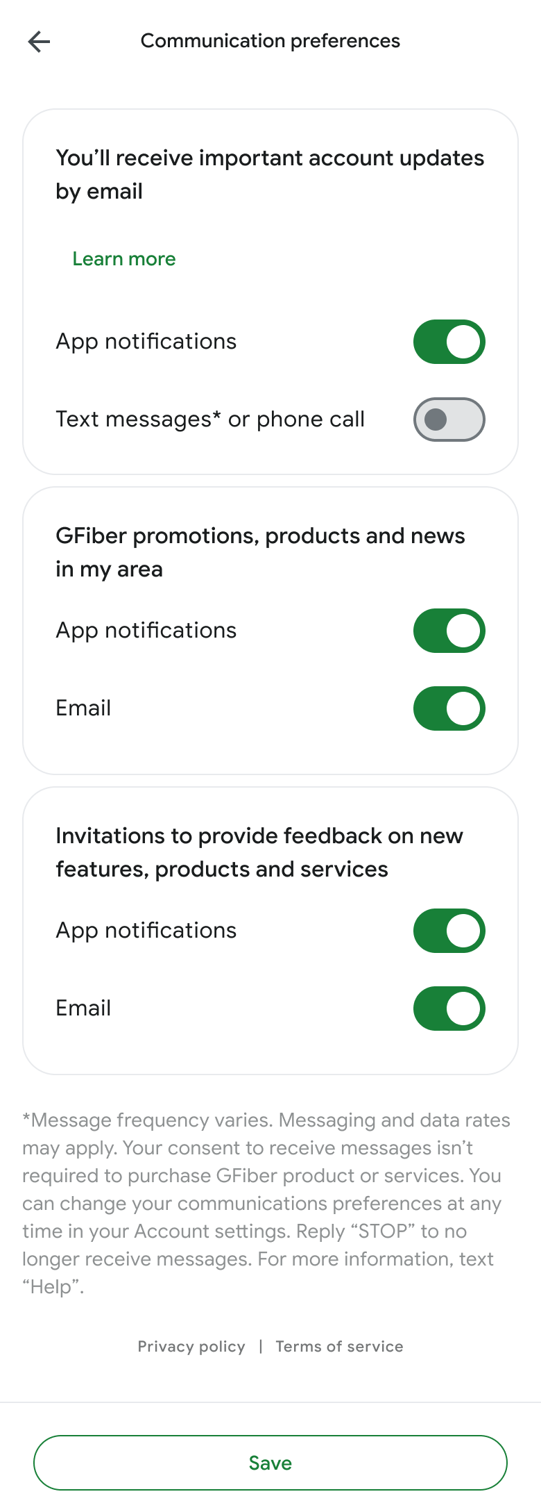 Communication preferences panel on the GFiber App.