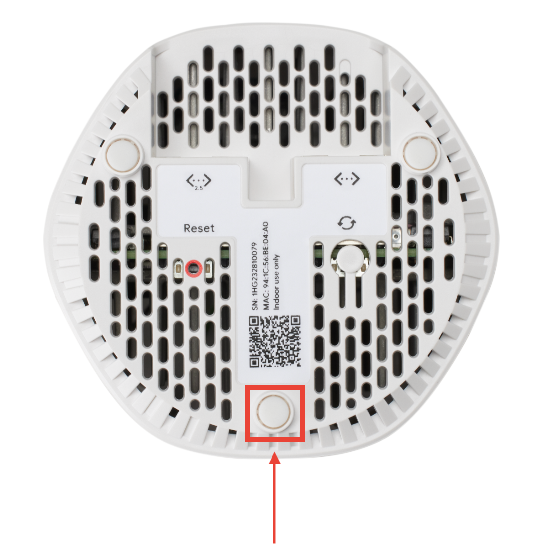 Bottom of the GFiber Wi-Fi 6 Mesh Extender (Model GE6E220C) with power button highlighted.
