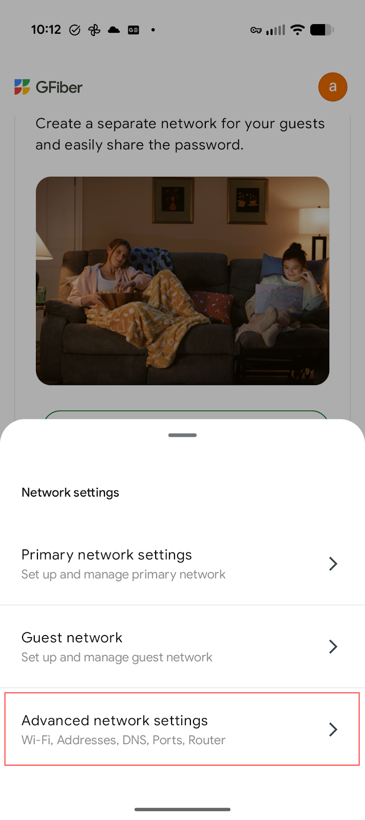 Screenshot of Advanced network settings on GFiber App.