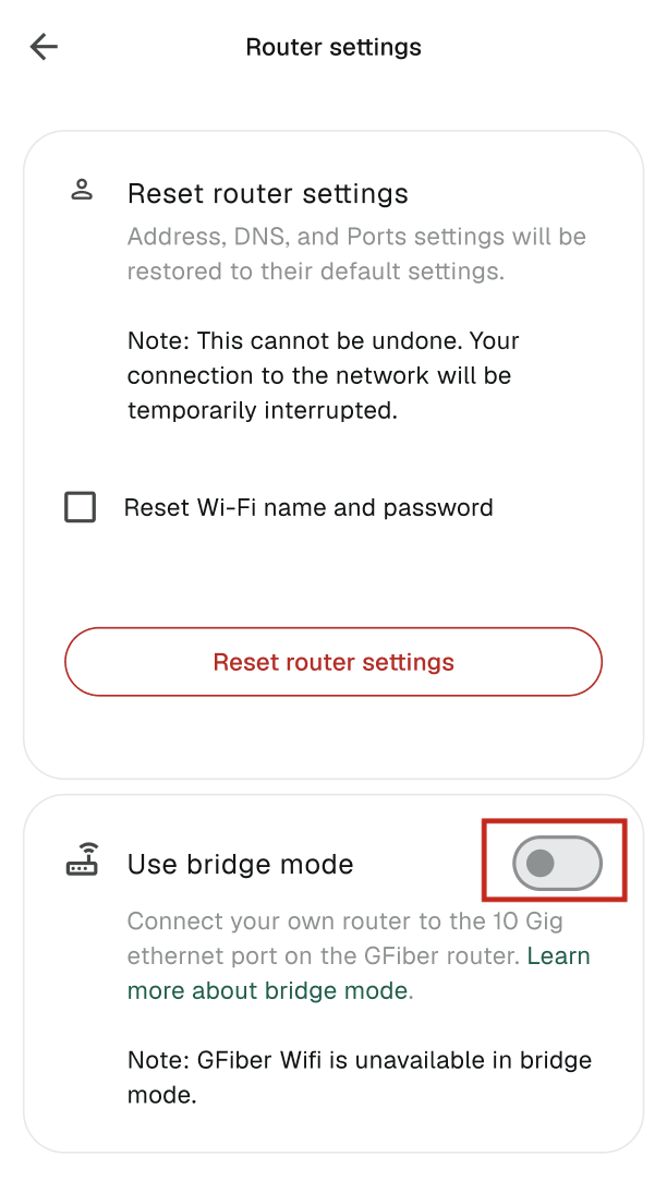 Bridge mode screen on gFiber App