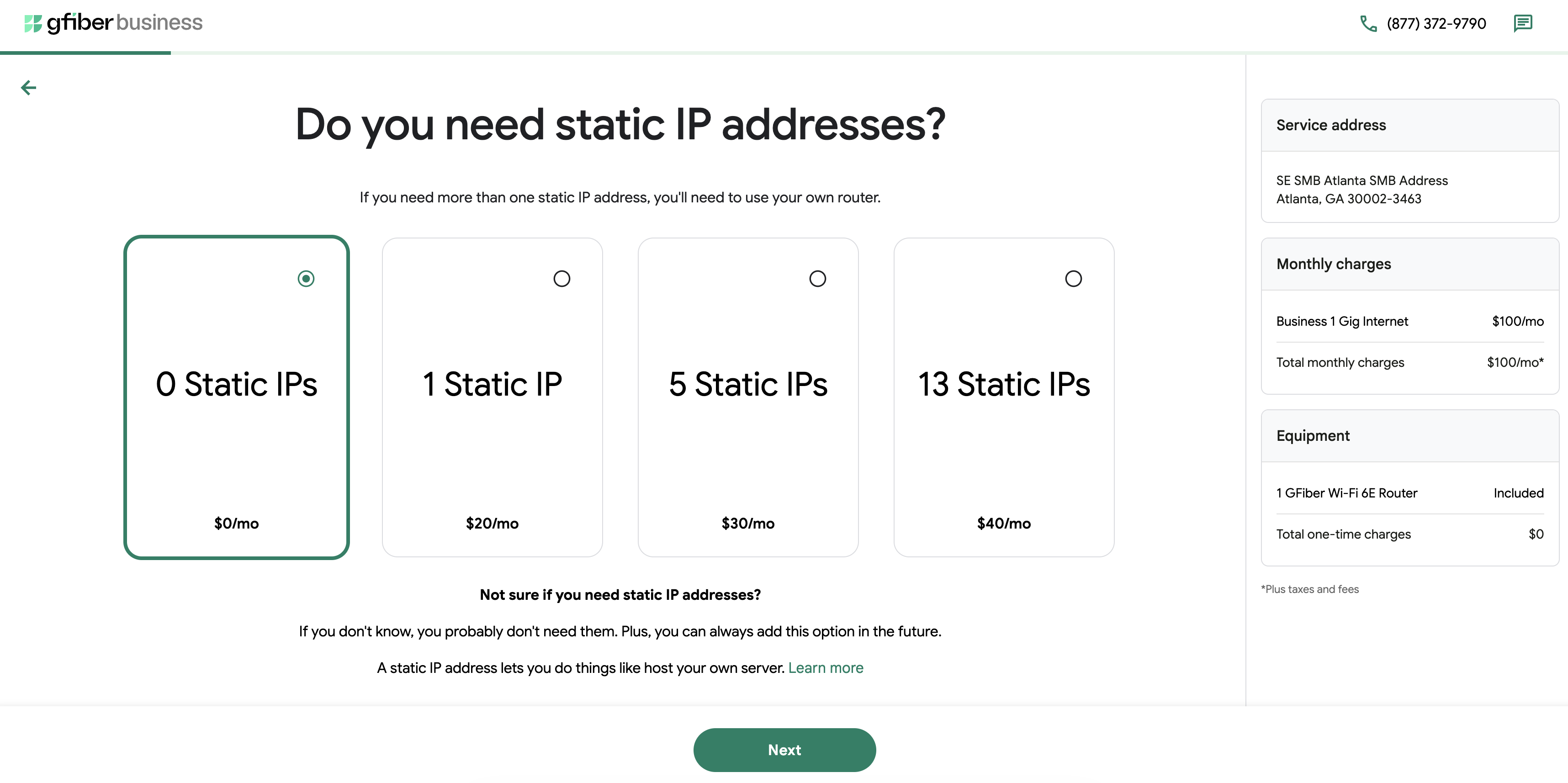 Pick static IPs screen