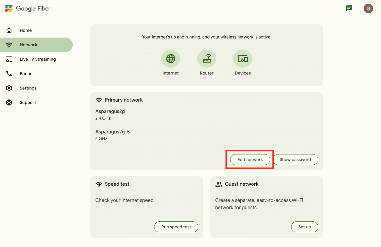 The GFiber web portal Primary network scetion and Edit network button highlighted