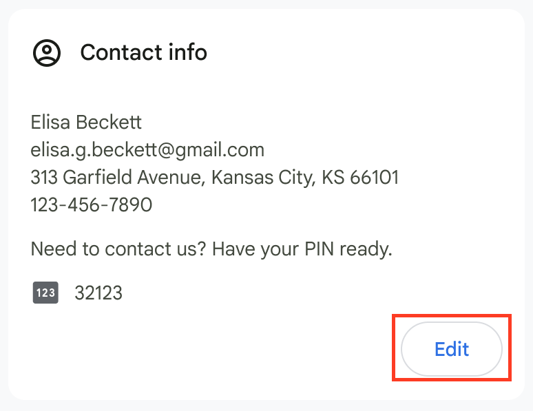Contact info card on the GFiber web portal