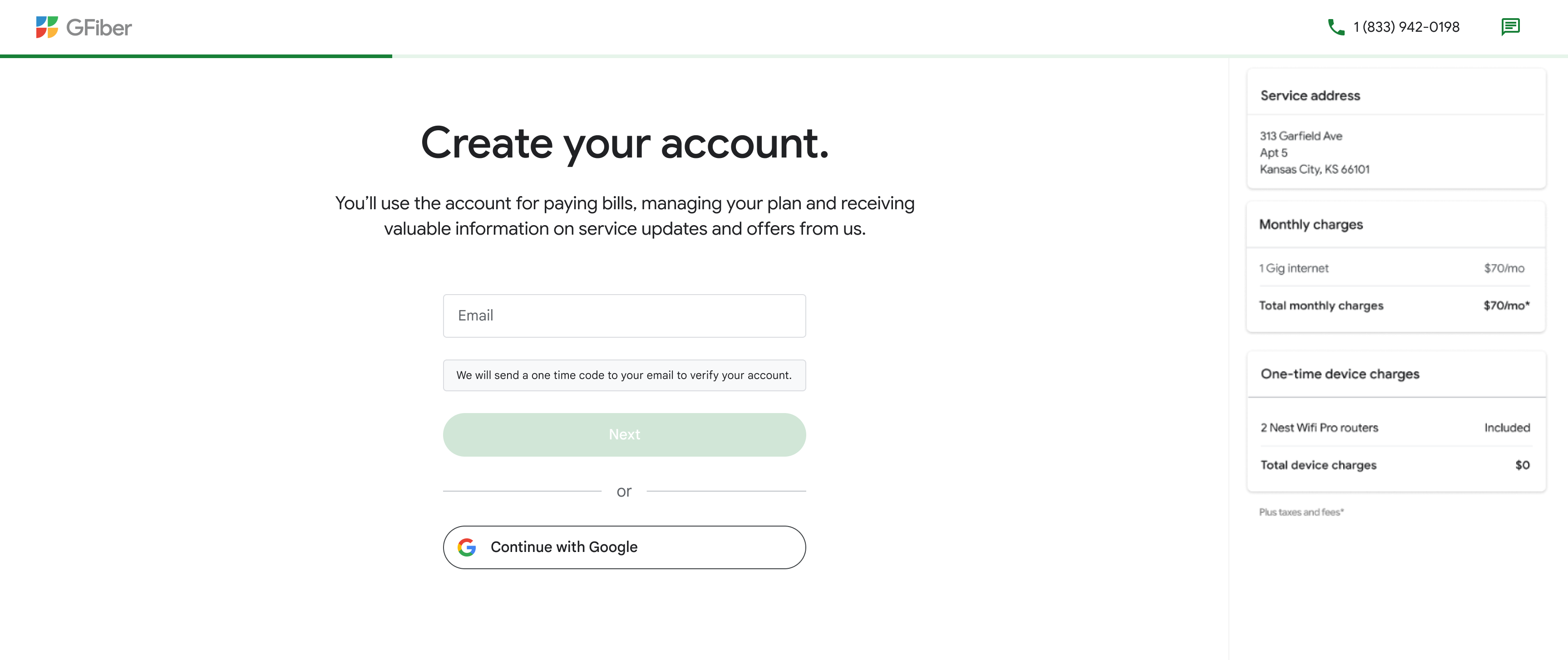 GFIber sign-up page screenshot