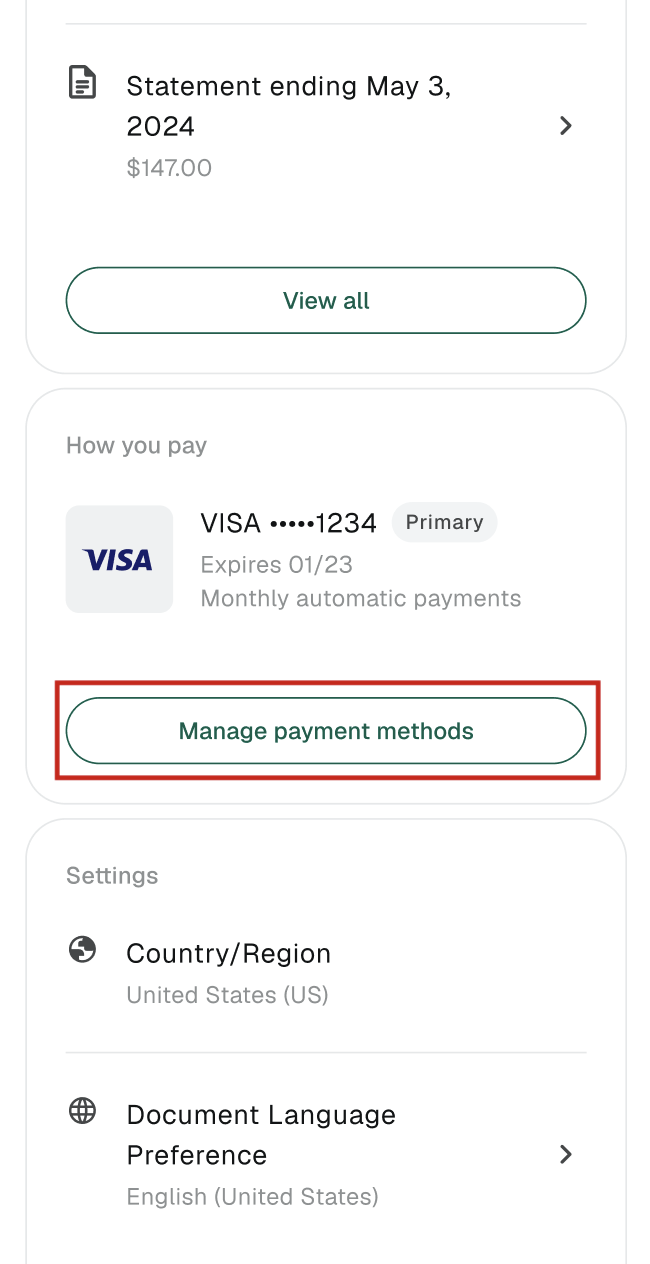 How you pay screen on gFiber app with Manage payments option highlighted