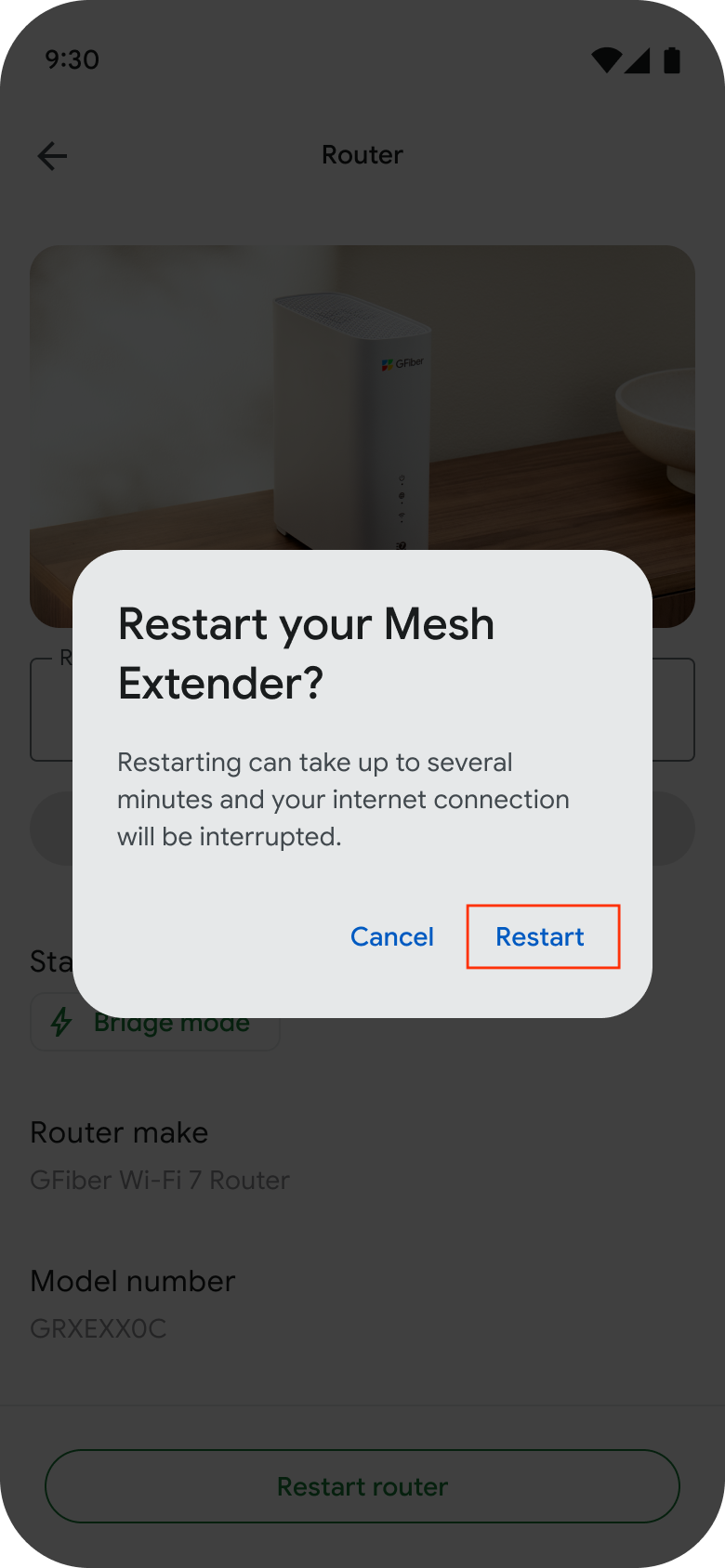 Restart your mesh extender screen on the GFiber App