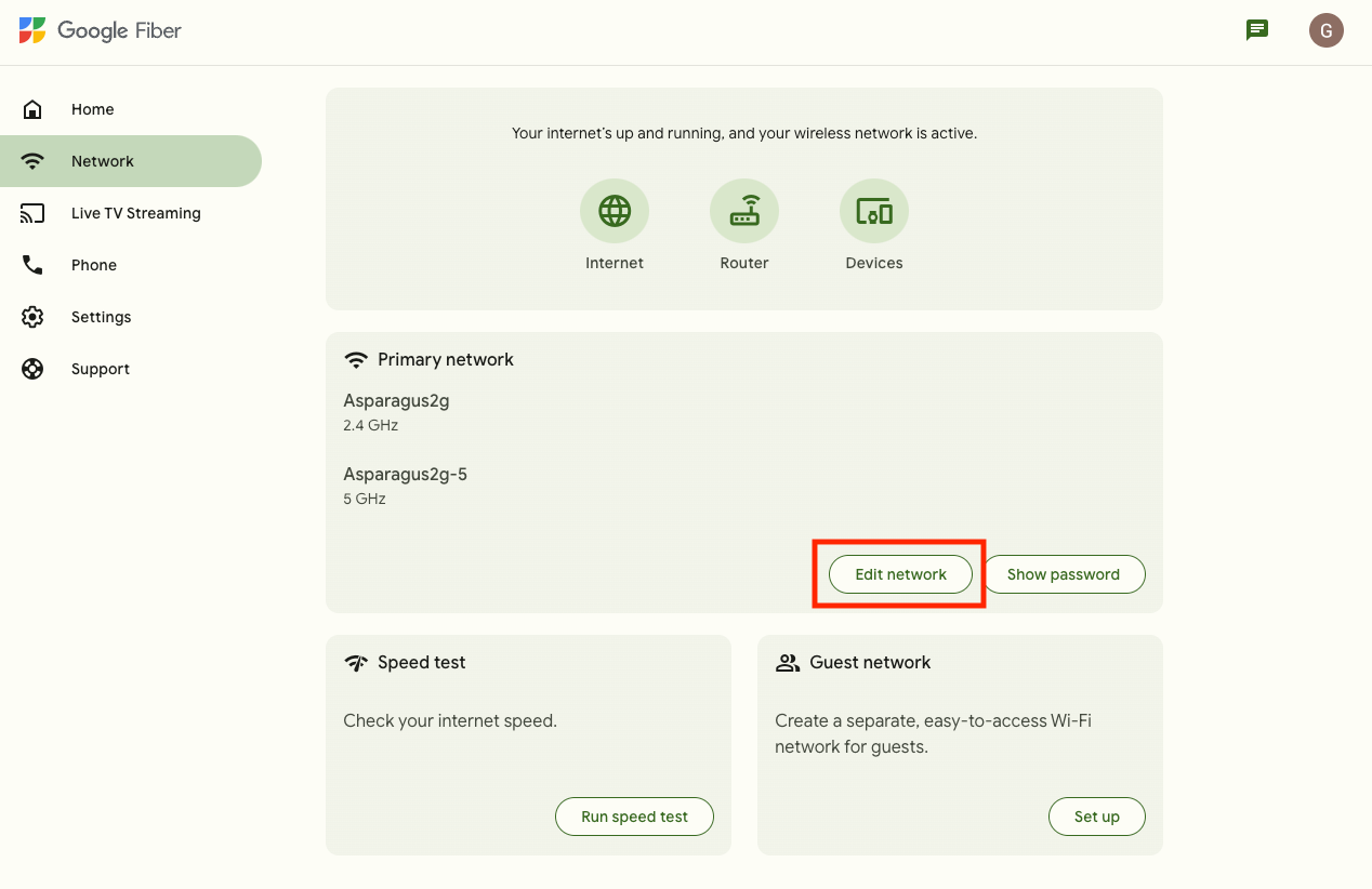 GFIber web portal Network screen with Edito network button highlighted