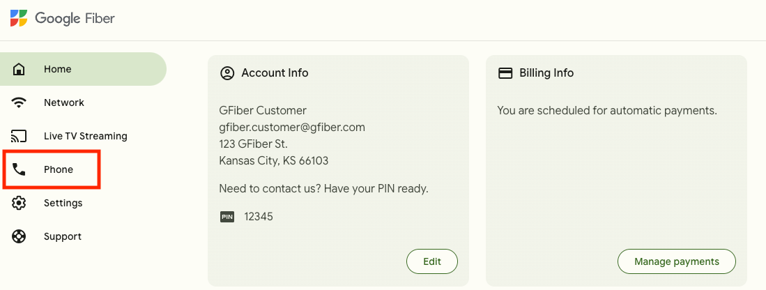 The GFiber customer portal, with the "Phone" section in the left nav bar circled in red