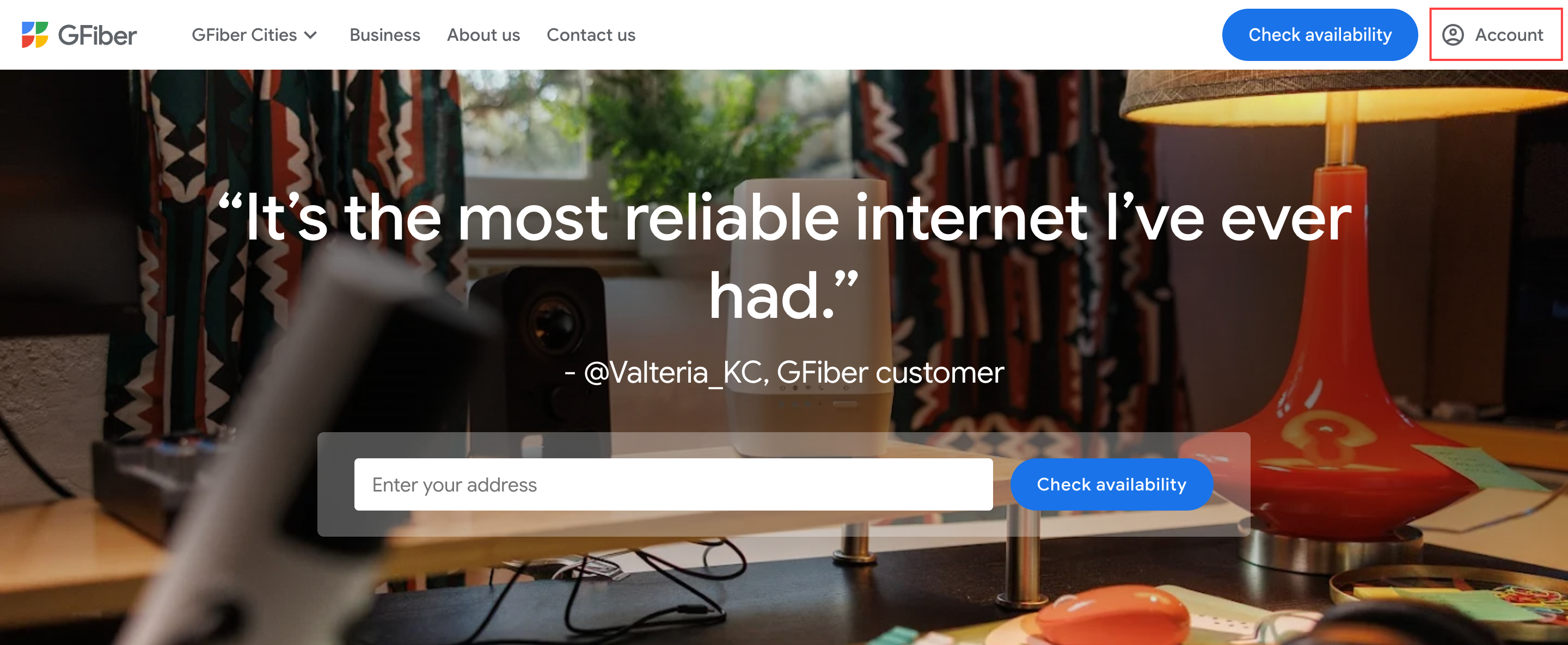 GFiber portal with Account link highlighted