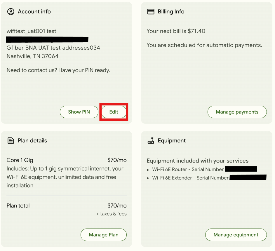 Image of account page showing location of Edit button under Account info.