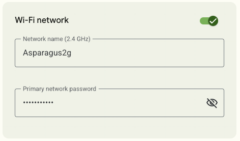 The Wi-fi network section showing Network name and Primary network password