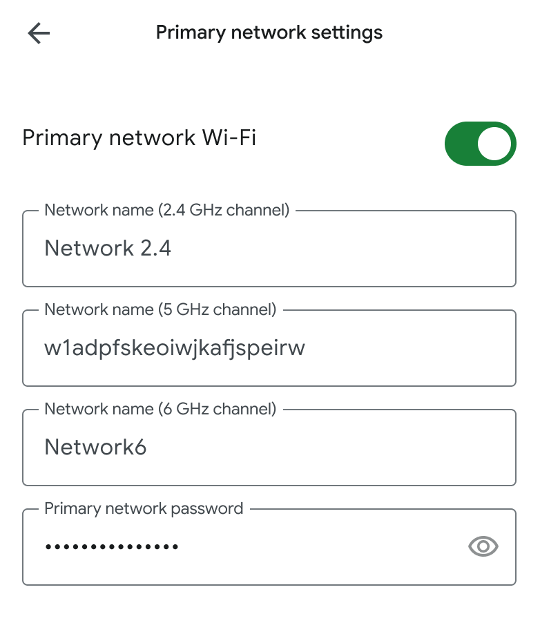 The GFiber App Primary network settings screen