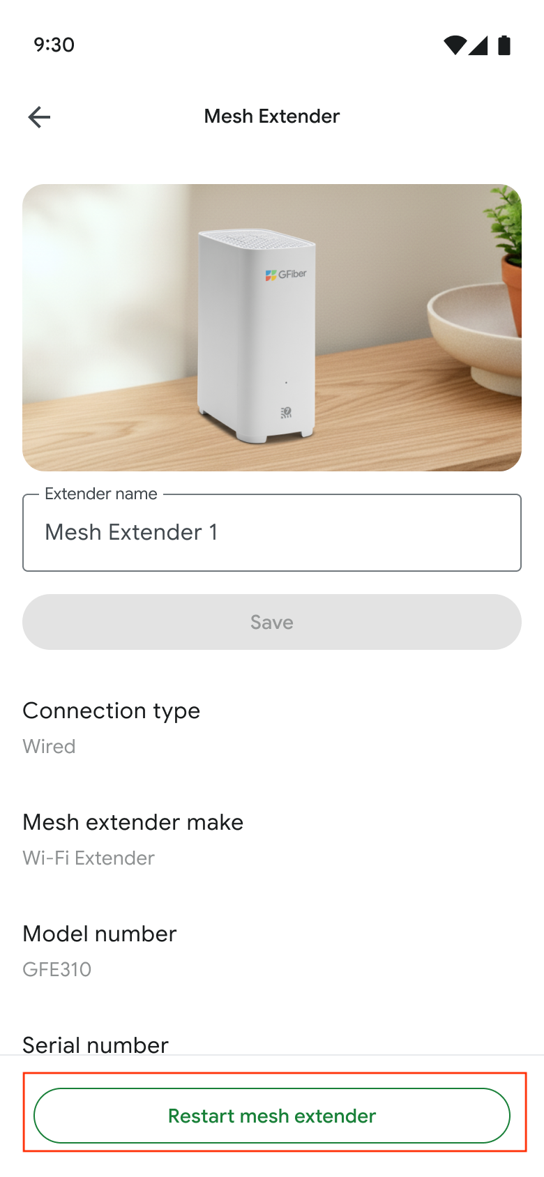 Mesh extender detail screen on the GFiber App