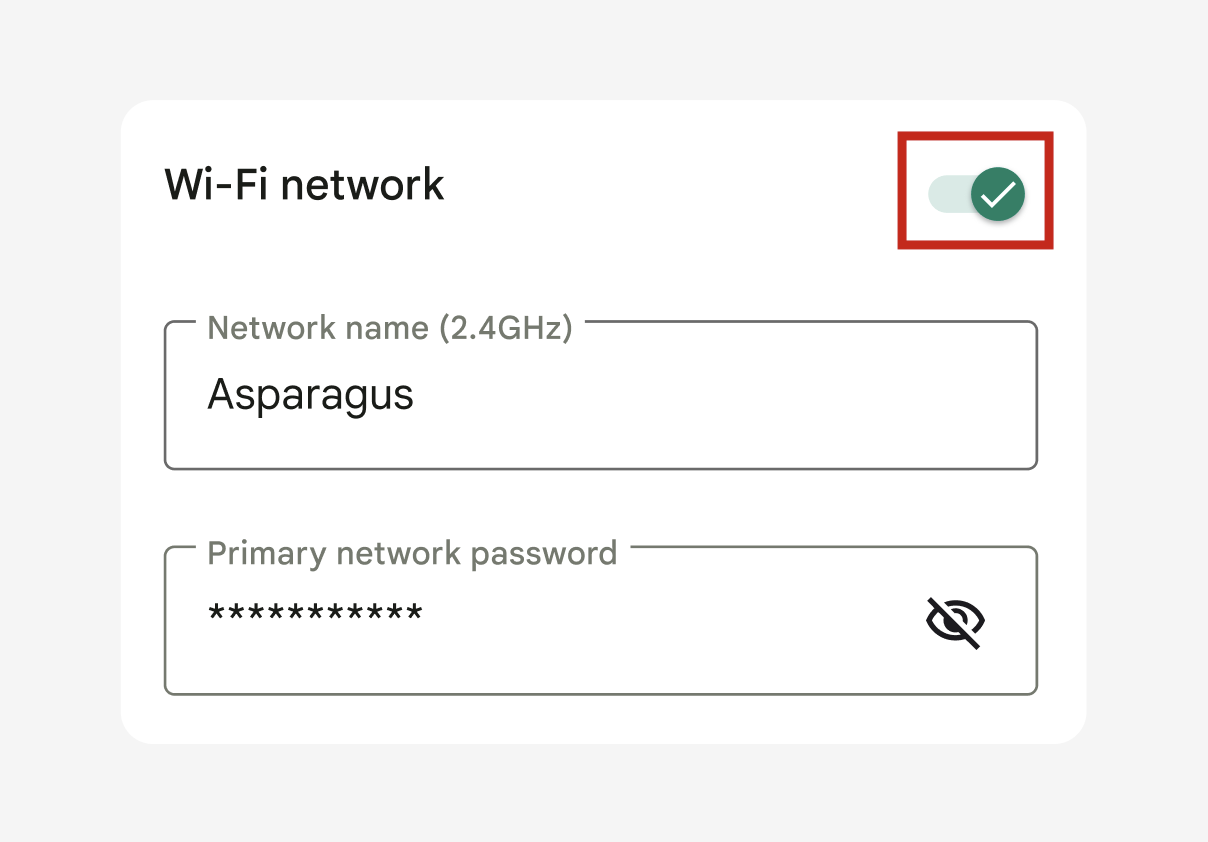 La sección de la red Wi-Fi que muestra el Nombre de red y la Contraseña de la red principal
