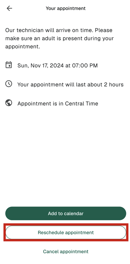 Appointment - cancel screen on gFiber App
