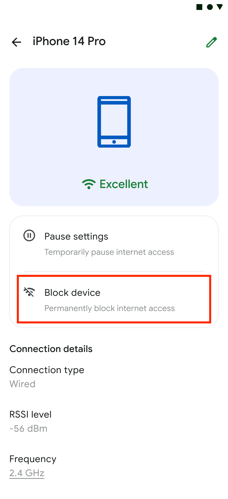 The Manage devices screen in the GFiber App.
