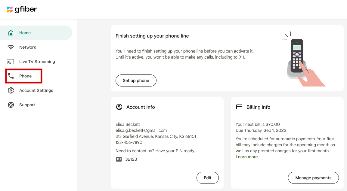 Finish setting up phone screen on gFiber App
