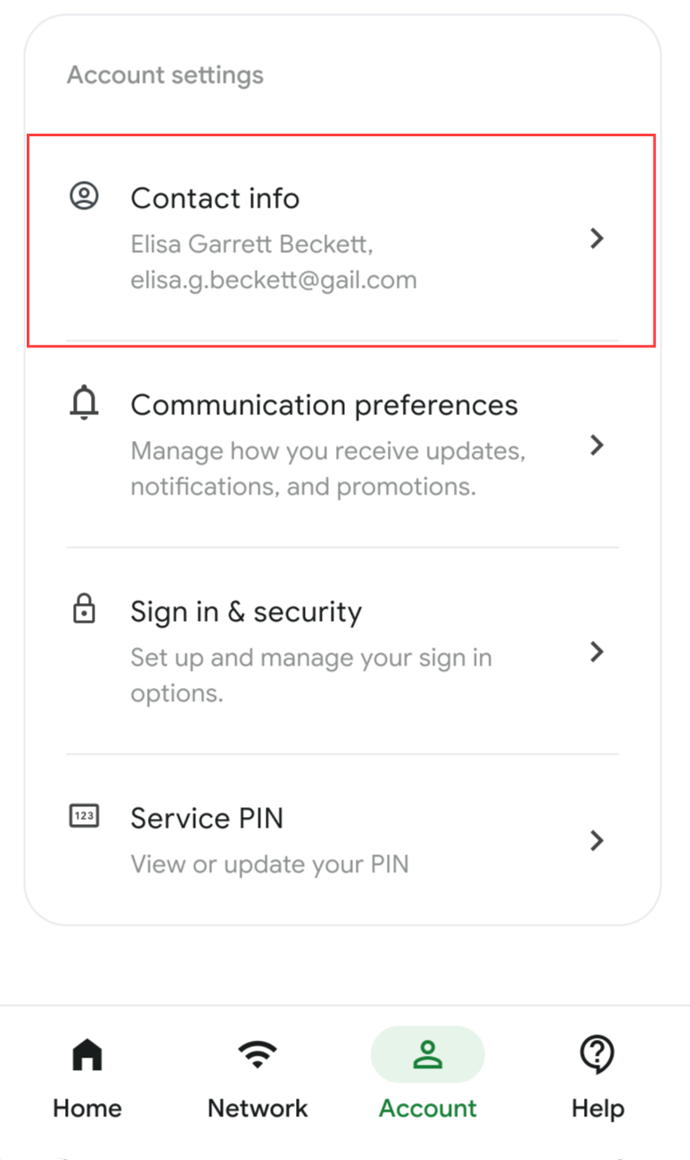 Account settings tab on GFiber app