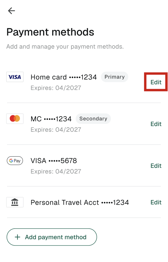 Manage payments screen on gFiber app with payment options