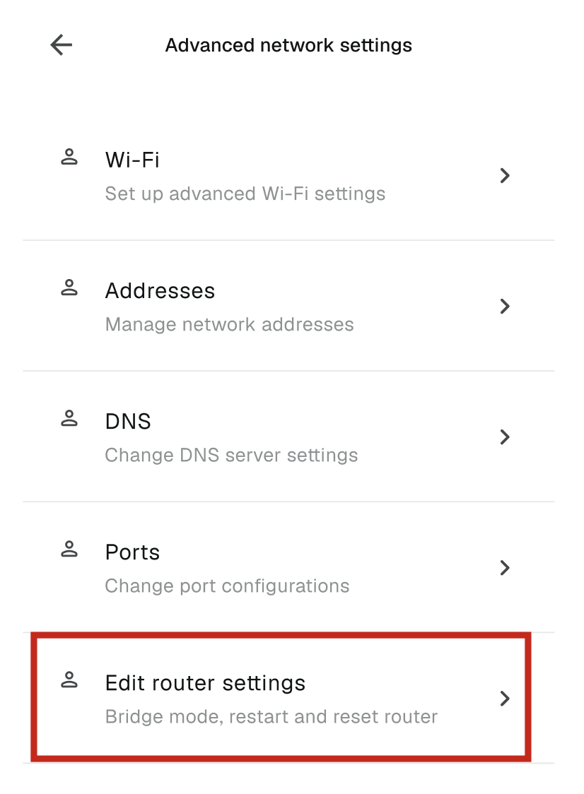 Advanced network settings screen on gFiber App