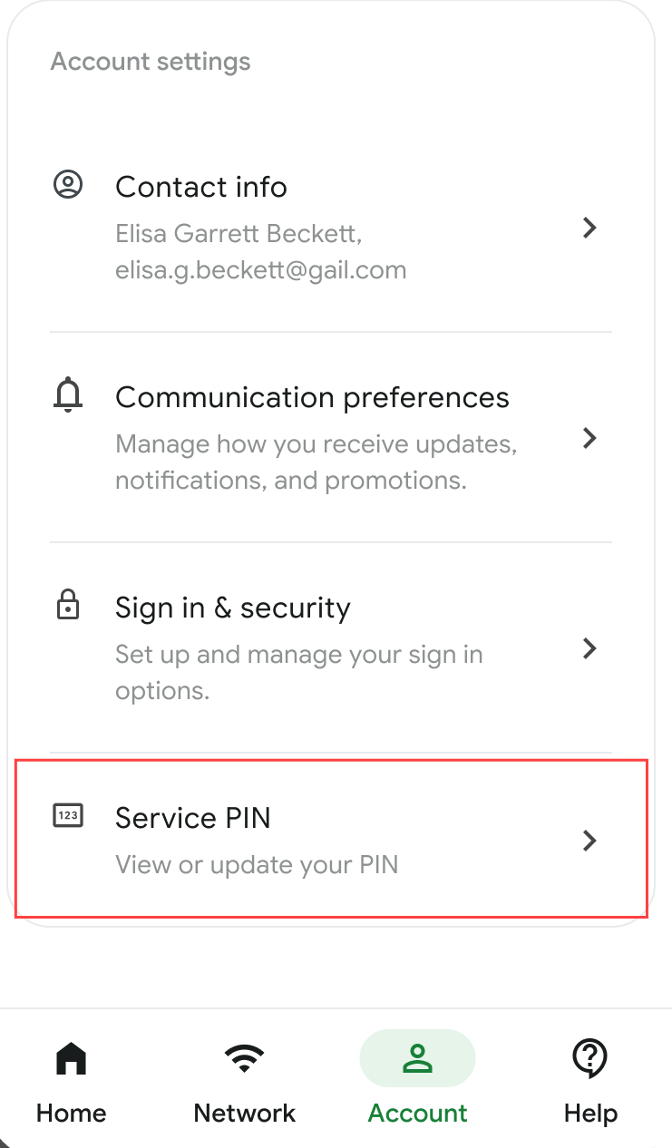GFiber app Account settings tab with Service PIN section highlighted
