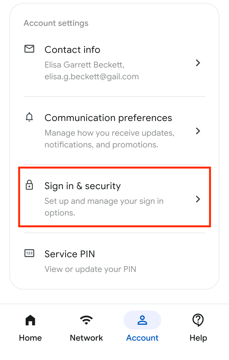 Account Settings screen on Gfiber app.