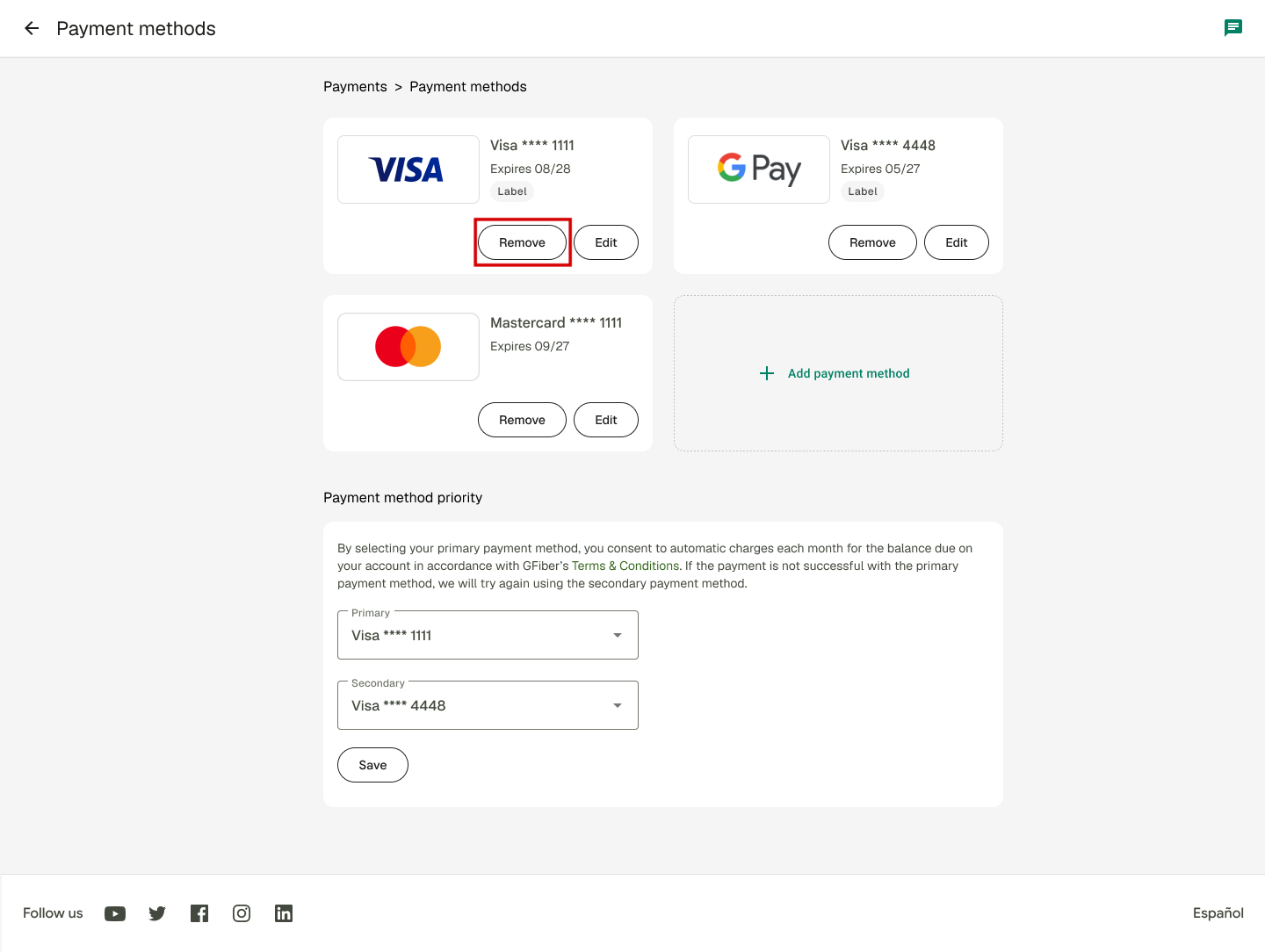 Paayment methods screen on gFiber App with Remove payment method option highlighted