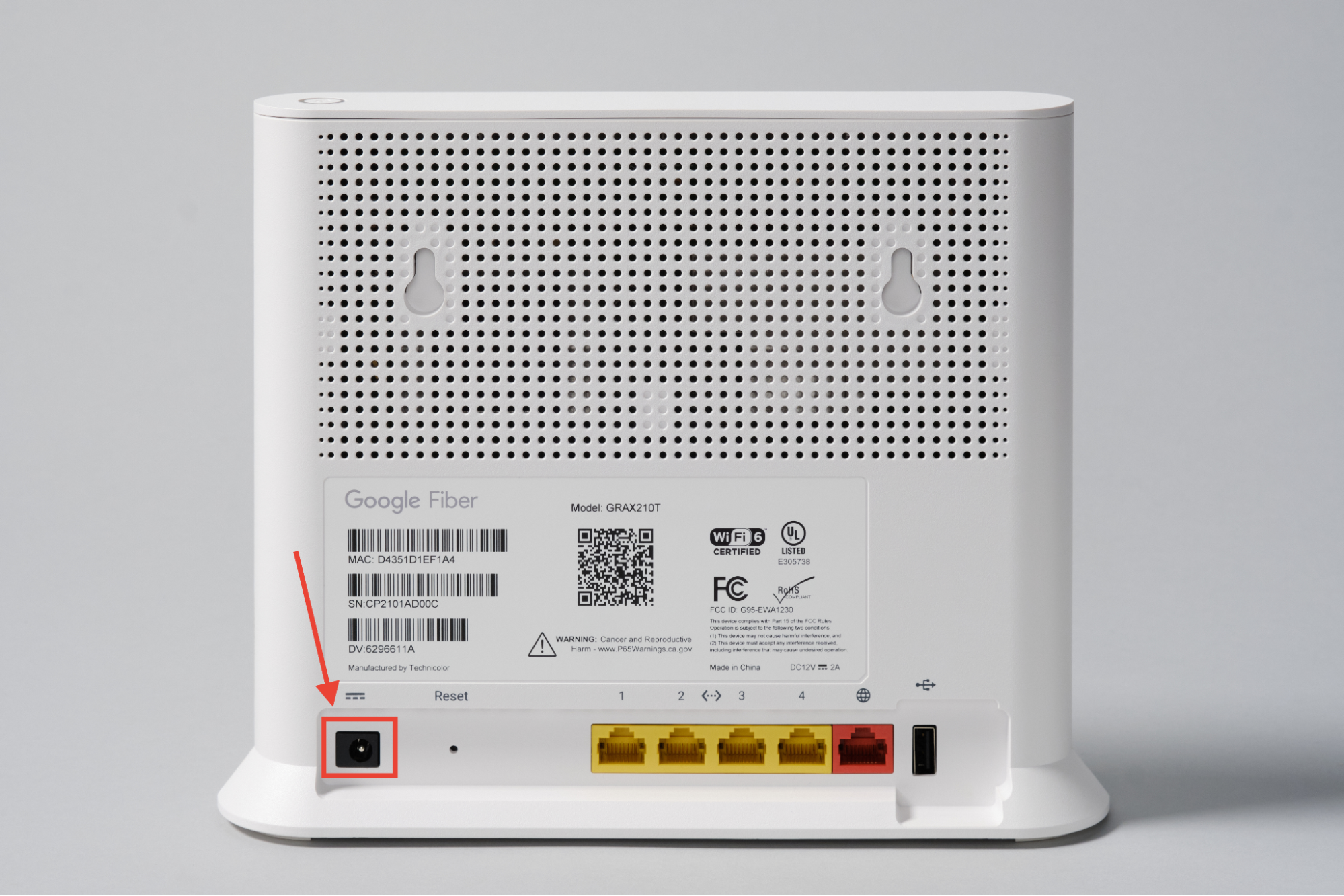 Back of the Wi-Fi 6E Router (Model GR6EXX0C) with power port highlighted