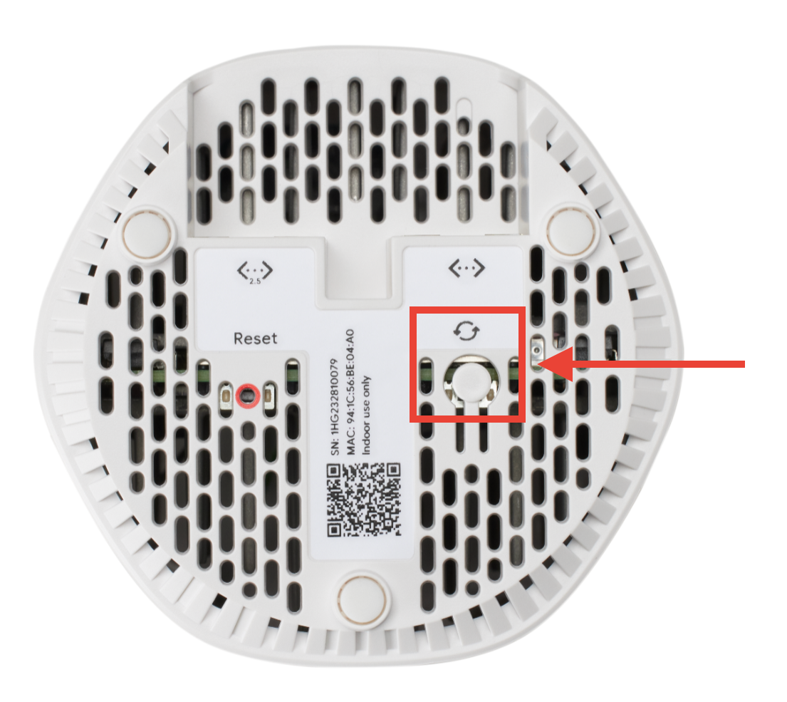 Bottom of the GFiber Wi-Fi 6 Mesh Extender (Model GE6E220C) with power button highlighted.