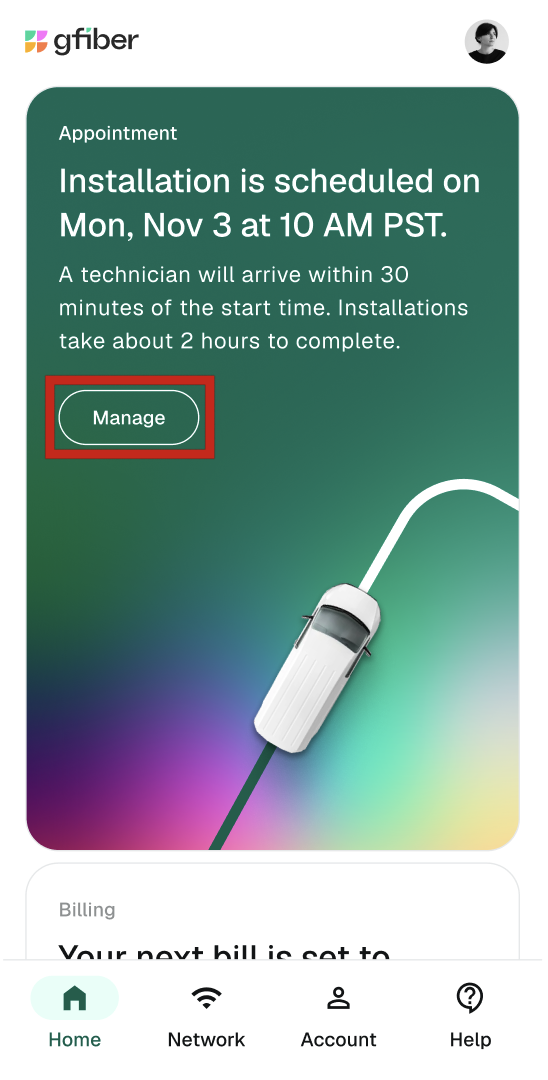 Manage installation appointment screen on gFiber App