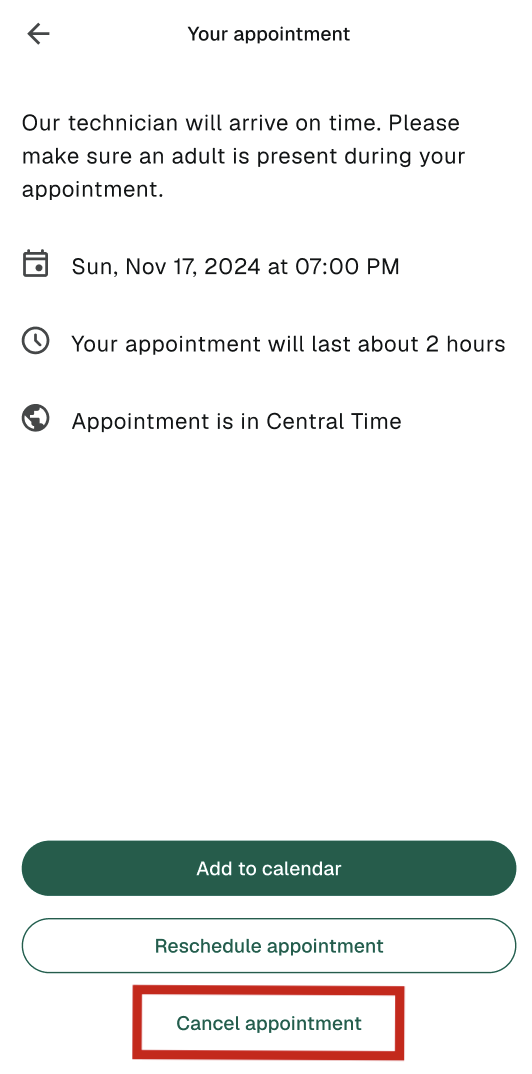 Appointment - reschedule screen on gFiber App