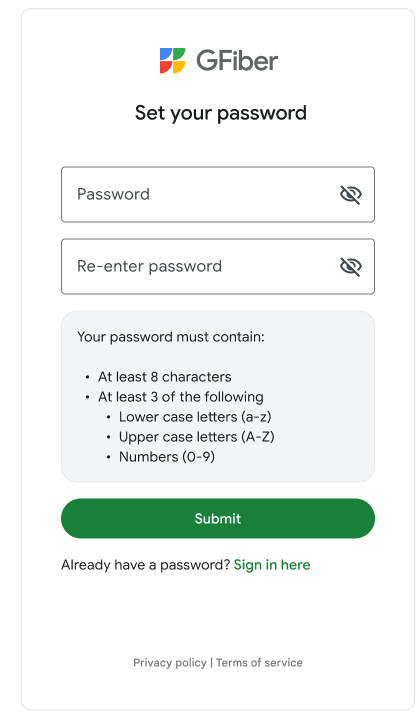 GFiber Set your password screen