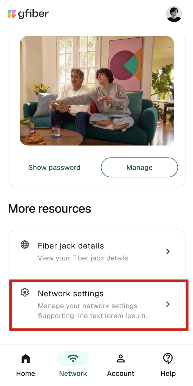Network settings screen on gFiber App