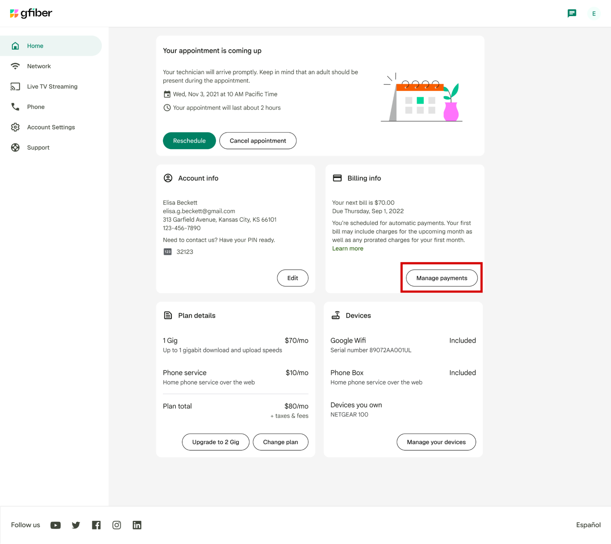 Home screen on the gFiber portal with Manage payments option highlighted