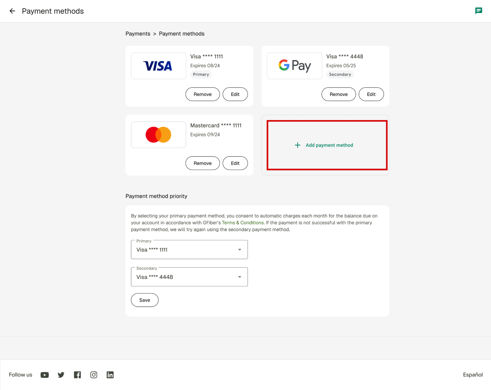 Payment methods screen on gFiber portal with Add payment option highlighted