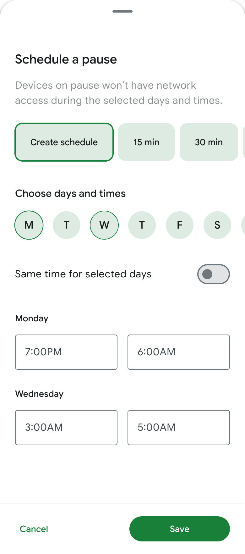 The Schedule a pause screen with Create a schedule button focused on the GFiber App.