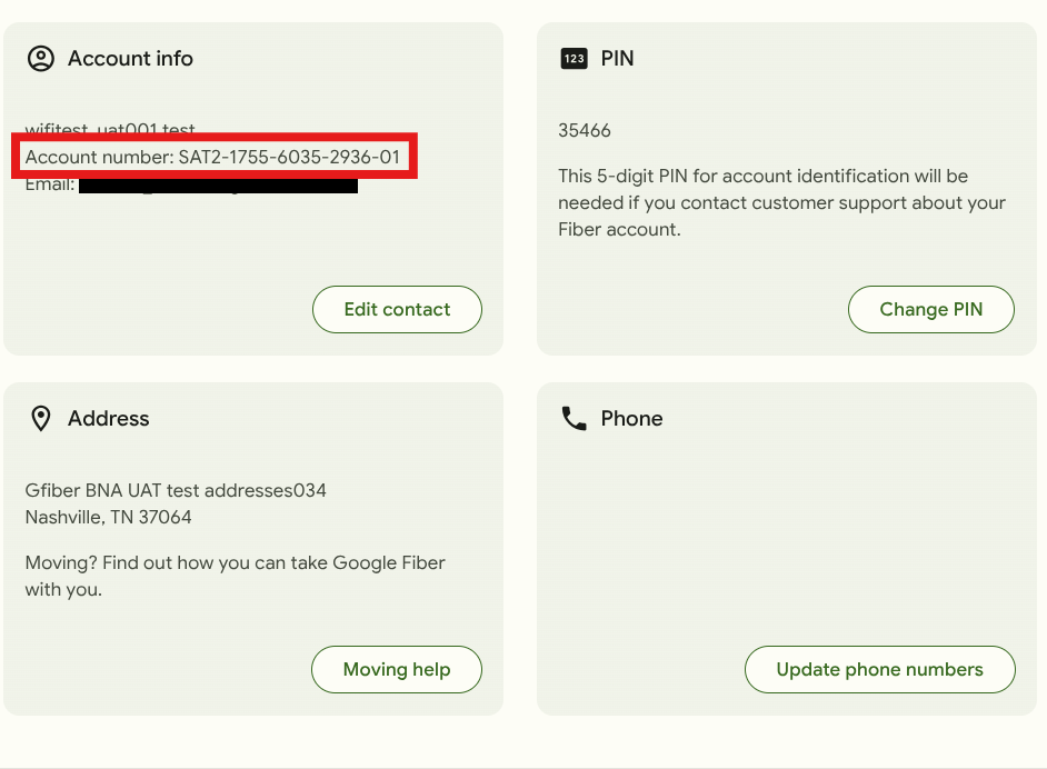 Image of account page showing location of account number under Account info.