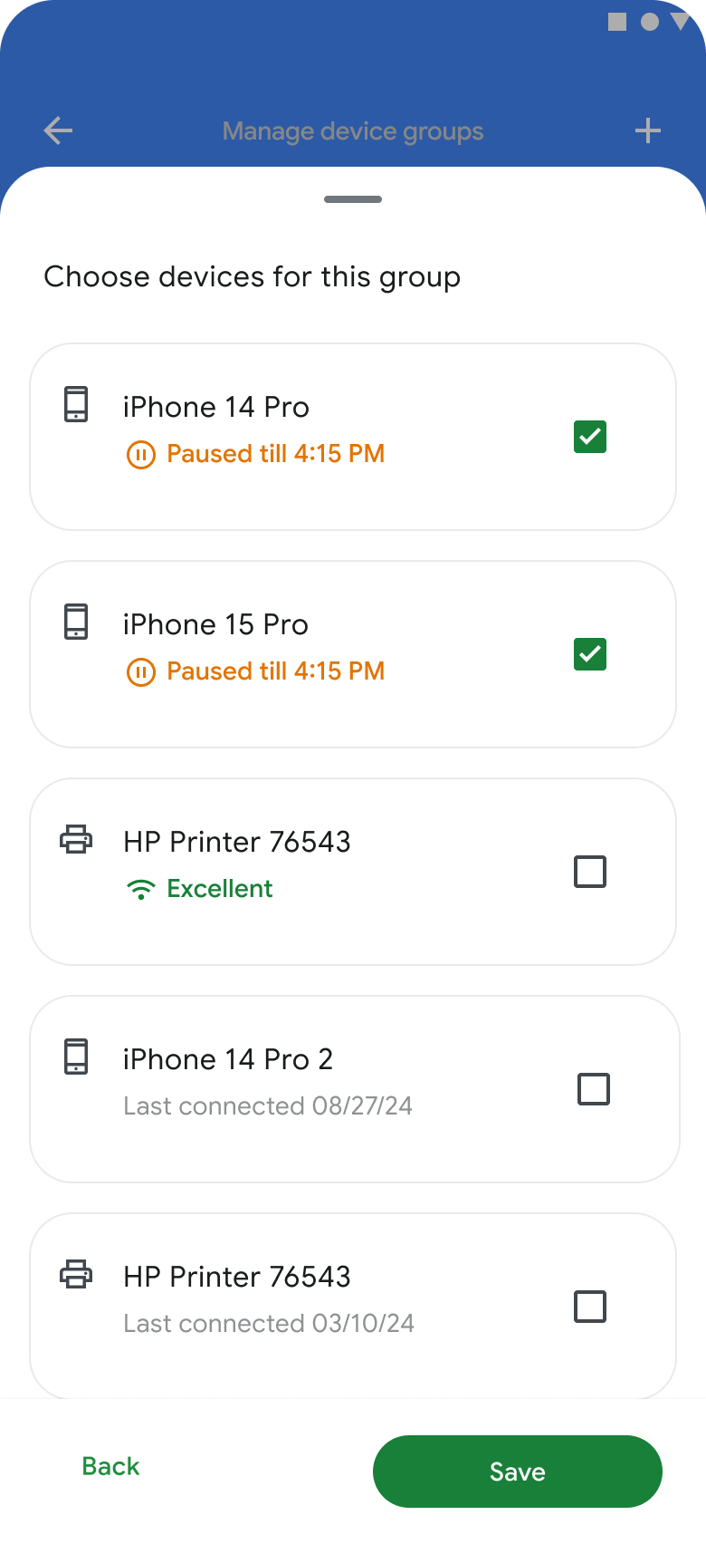 The Manage device groups screen on the GFiber App.