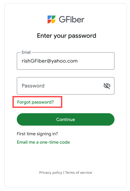 GFiber login screen with Forgot password link highlighted