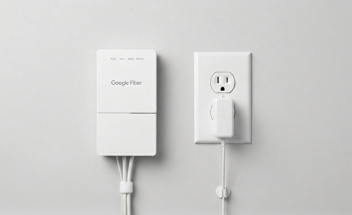 GFiber Fiber Jack on wall plugged into power outlet
