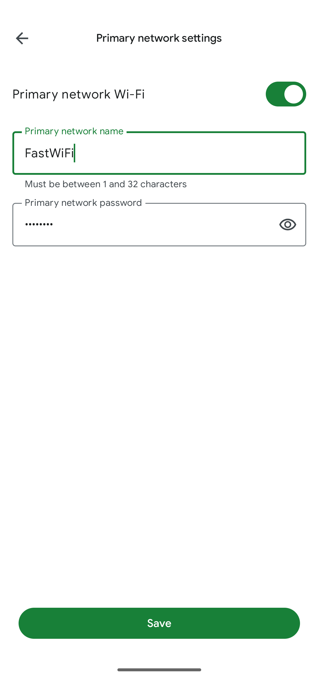 Primary network settings screen on the GFiber App