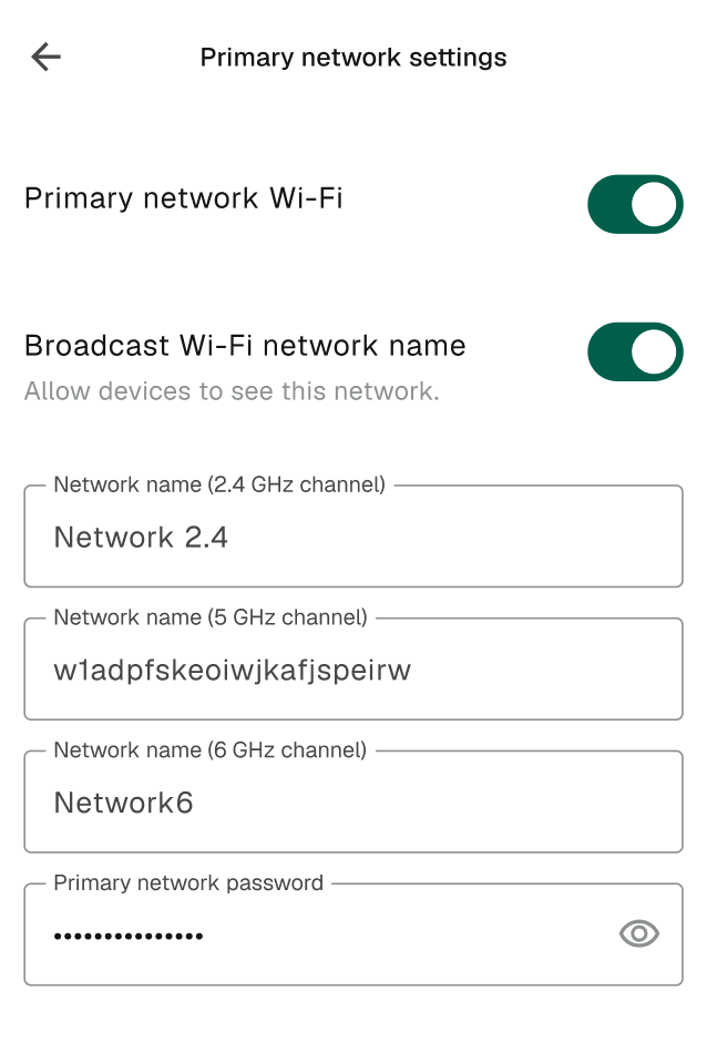 Ajustar nombre de red y contraseña para red primaria en la aplicación gFiber