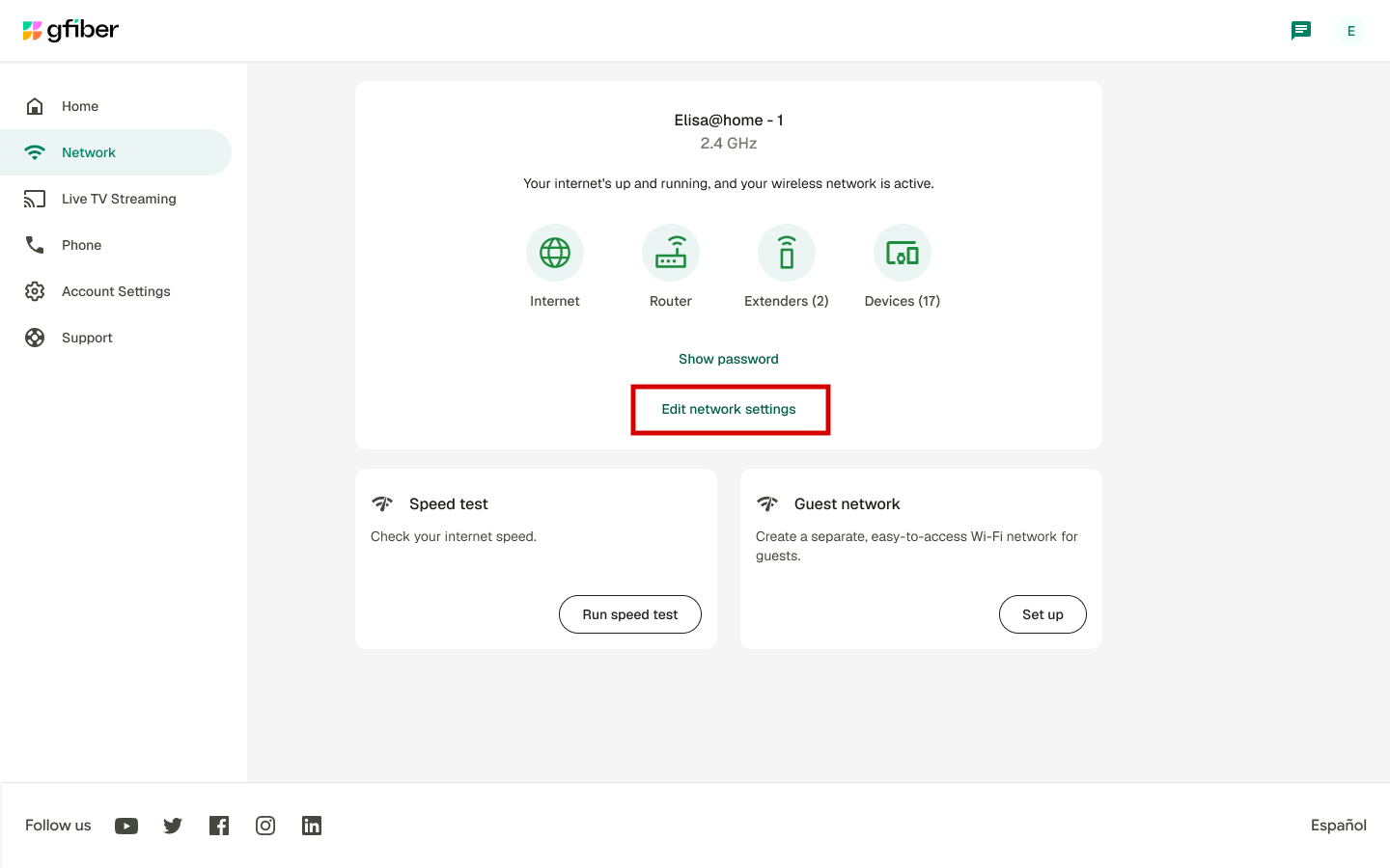 Pantalla de Red del portal web de gFiber con el botón Editar configuración de red resaltado