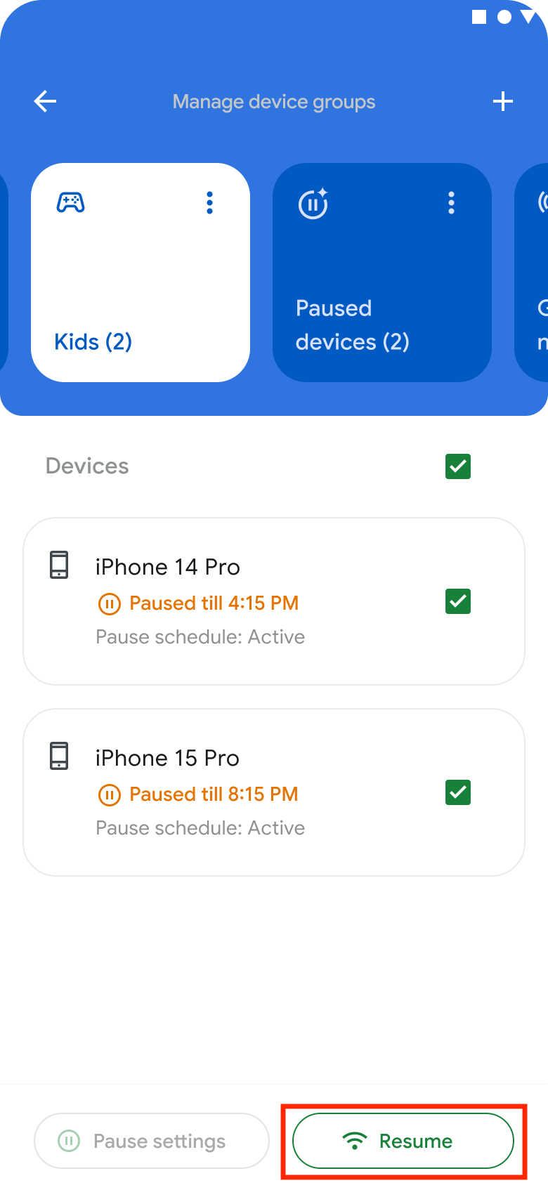 The Manage device groups screen with Resume button highlighted on the GFiber App.