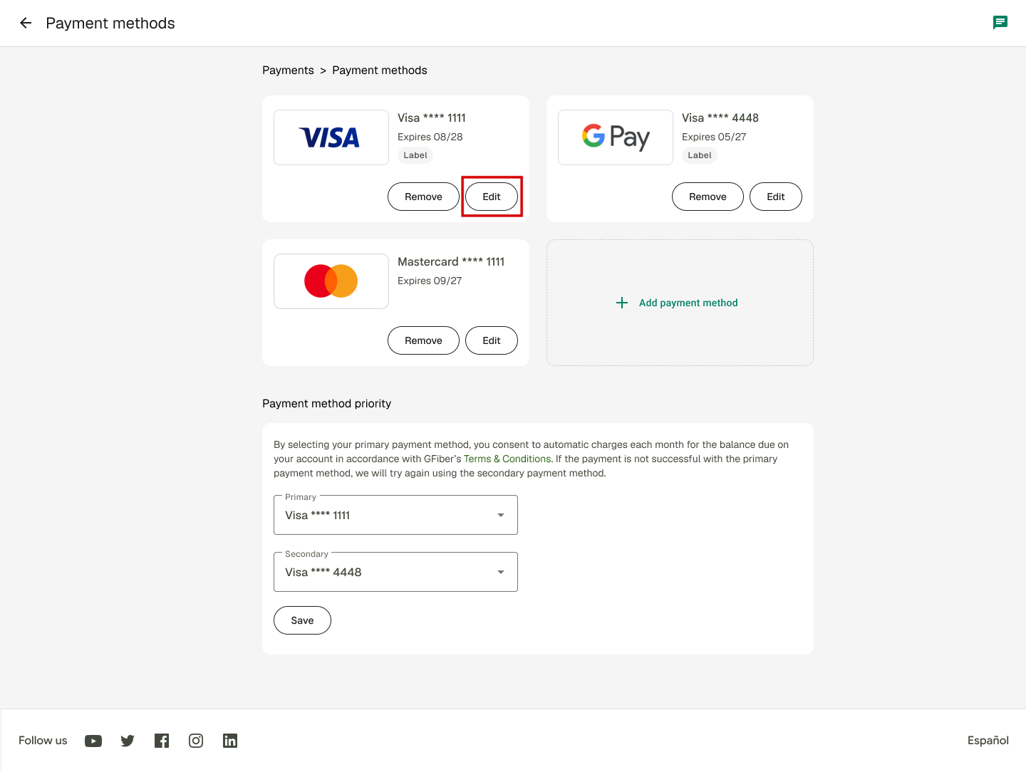 Payment method screen on gFiber App with Edit payment method highlighted