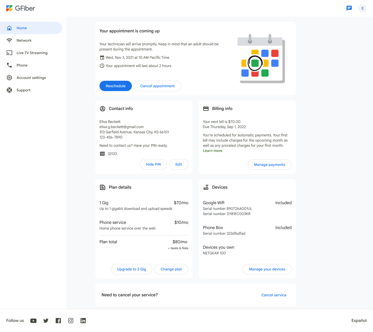GFiber portal home page screenshot