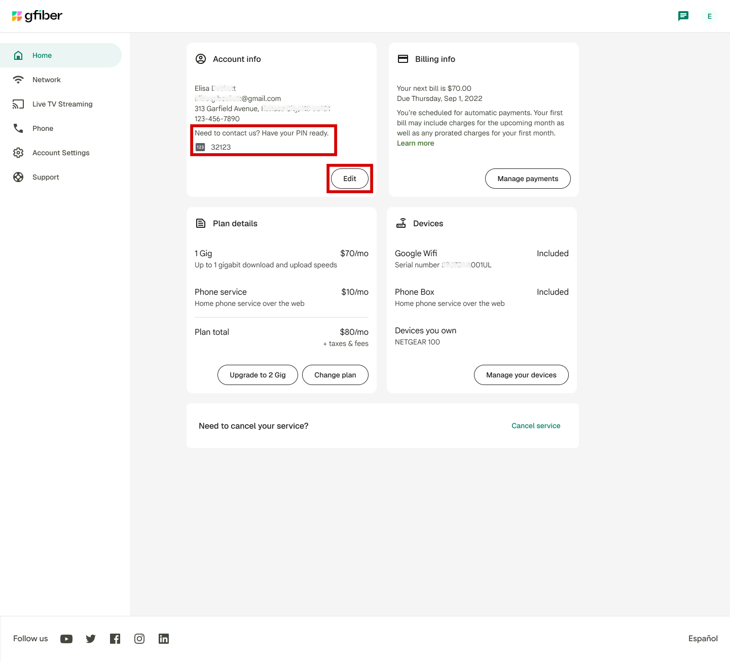 PIN and Edit account info